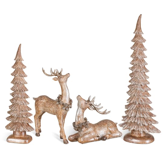 Glitzhome 20.75"H S/4 Christmas Resin Brown Reindeer w/Tree Table Decor - Pattern/Print